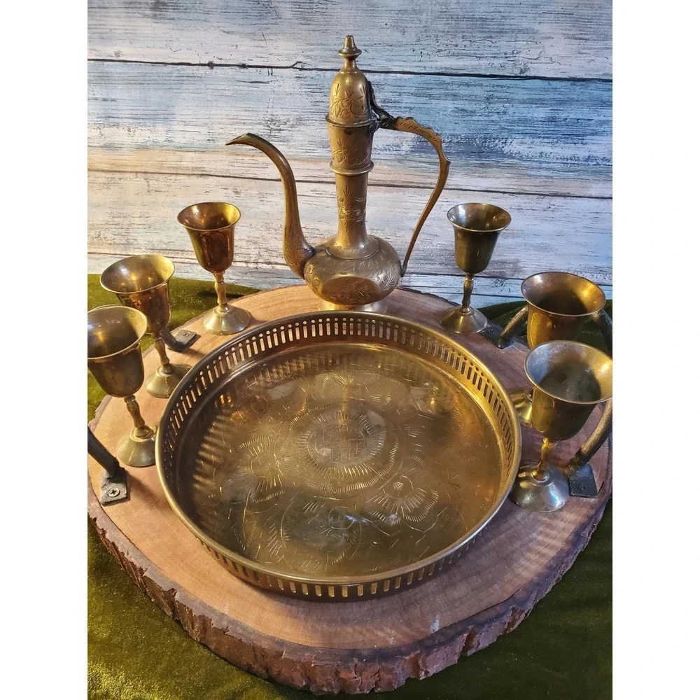 8 piece Vintage Etched Brass Turkish Coffee Set Made in India‎